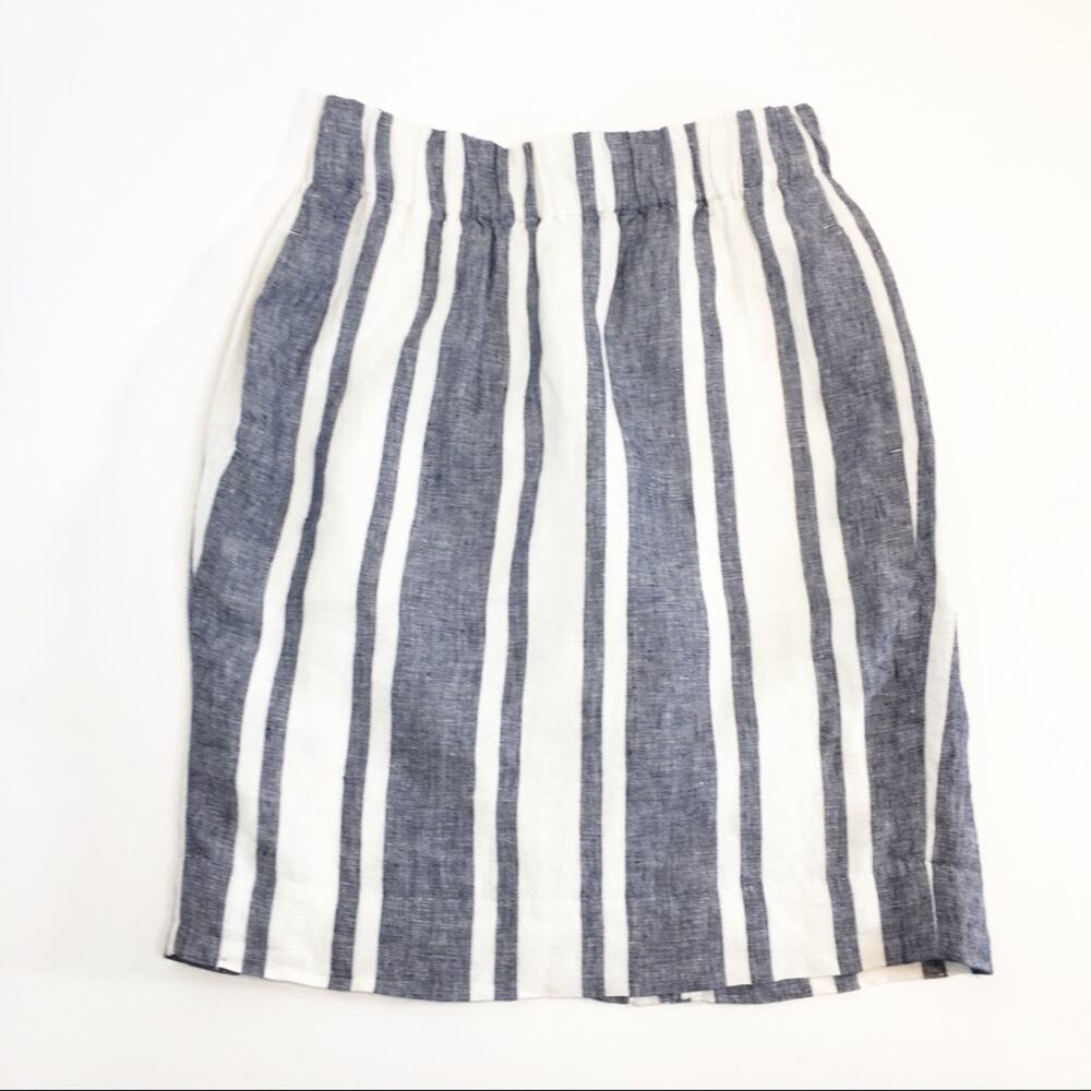 J Crew Womens Size XXS Stripe Skirt Linen Lined Blue White Pockets Elastic Waist